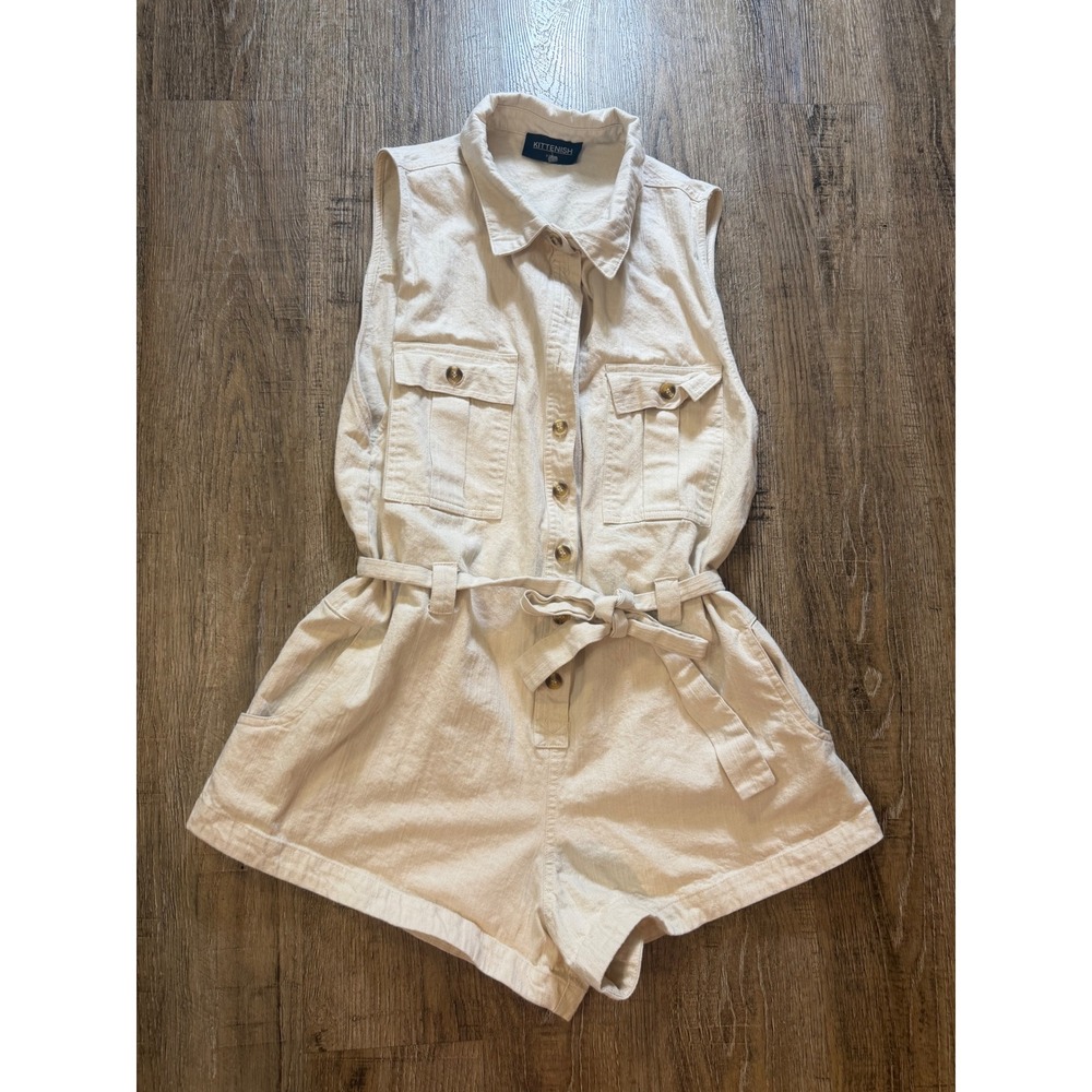 Kittenish Sleeveless Utility Romper Cream Button Front Belted XL Safari Boho